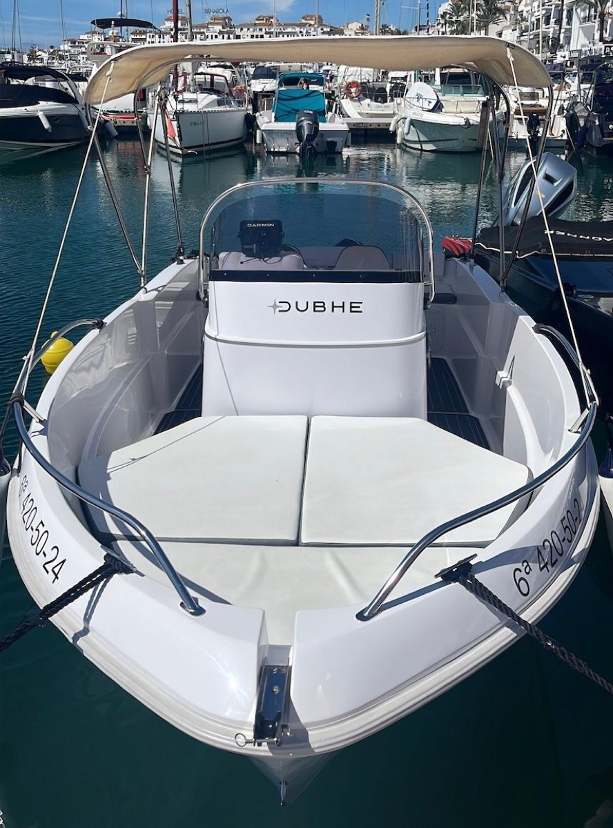Dubhe — cheapest day boat in Puerto Banús, head-on bow shot